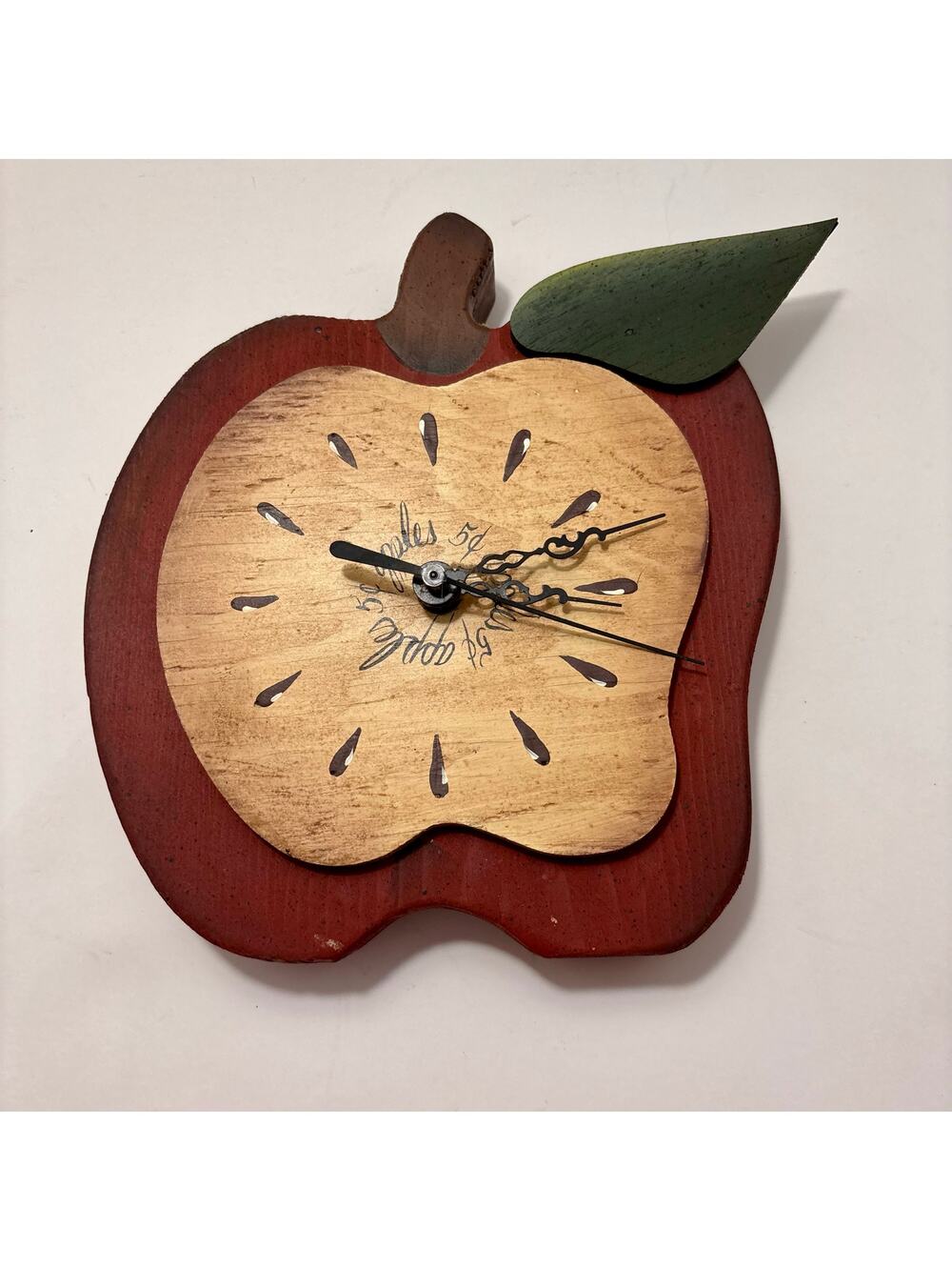 Vintage Apple Shaped Wooden Wall Clock Farmhouse Kitschy Cottagecore 7 in.